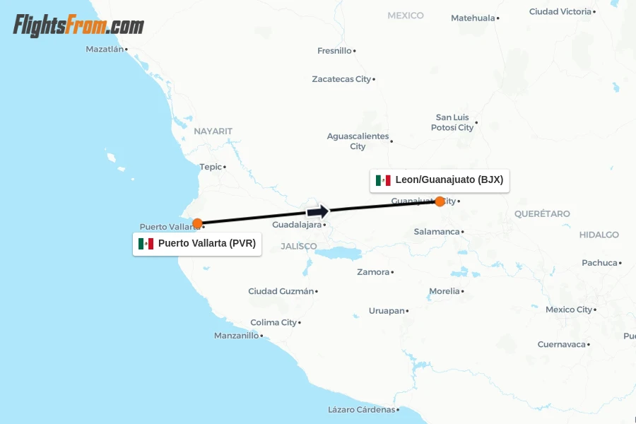 Flights from Puerto Vallarta to Leon/Guanajuato route map