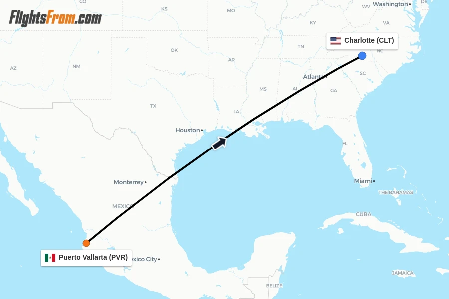 Flights from Puerto Vallarta to Charlotte route map