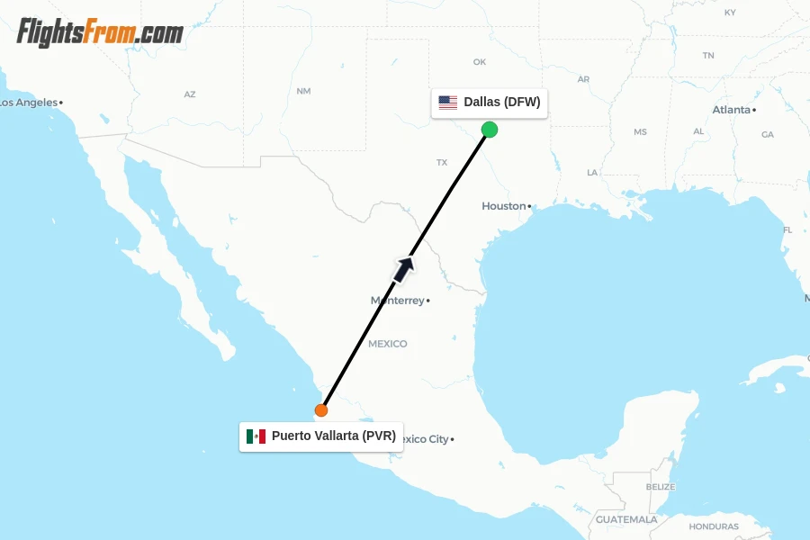 Flights from Puerto Vallarta to Dallas route map
