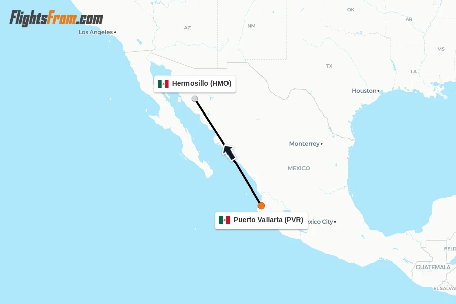 Flights from Puerto Vallarta to Hermosillo route map