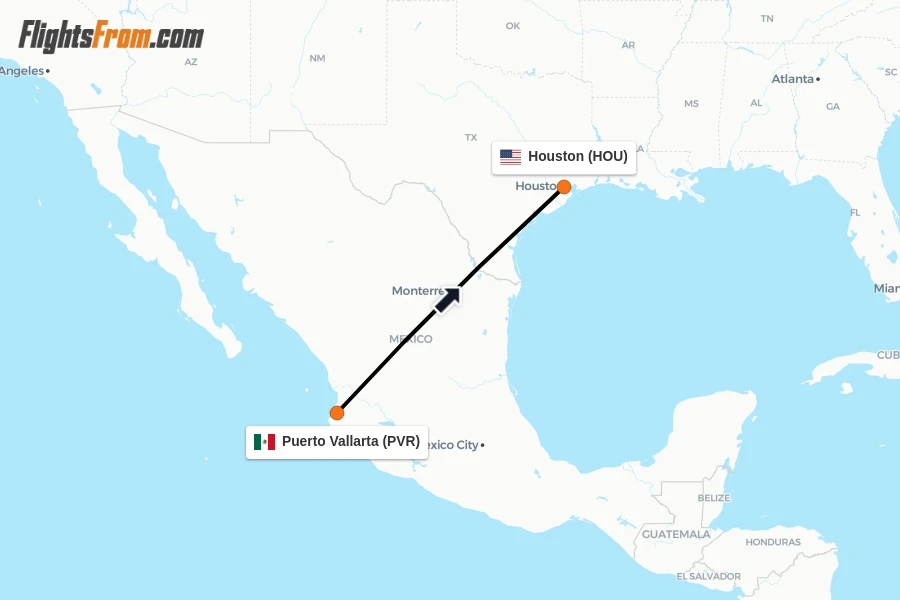 Flights from Puerto Vallarta to Houston route map