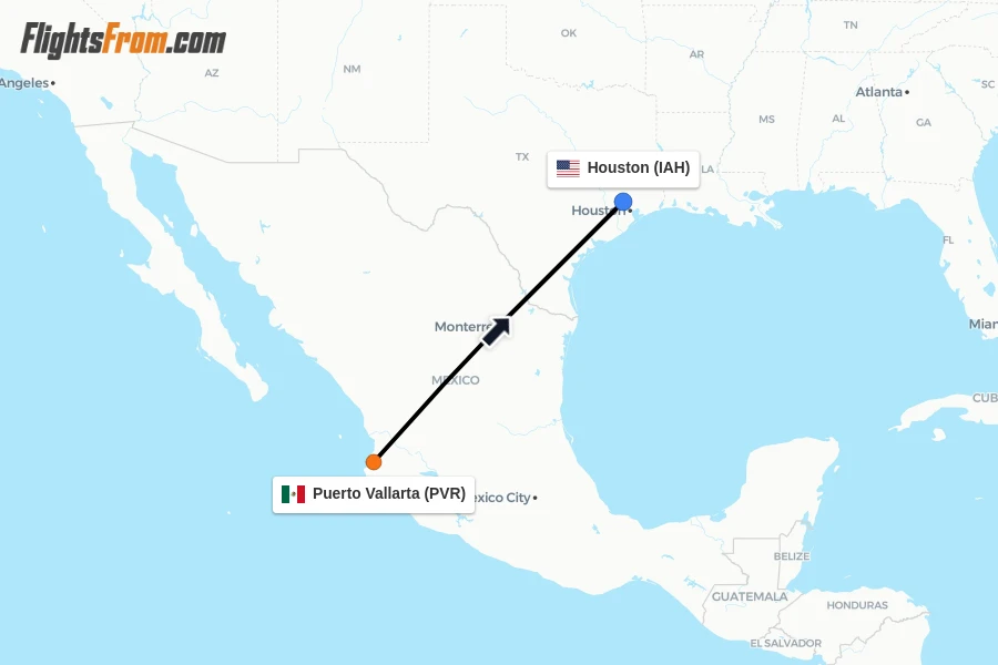 Flights from Puerto Vallarta to Houston route map
