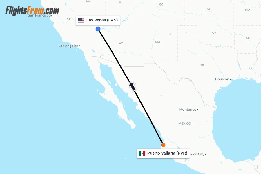 Flights from Puerto Vallarta to Las Vegas route map