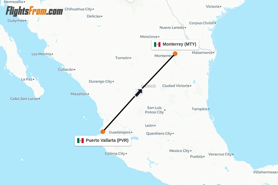 Flights from Puerto Vallarta to Monterrey route map