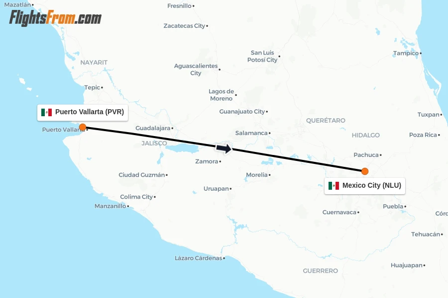 Flights from Puerto Vallarta to Mexico City route map