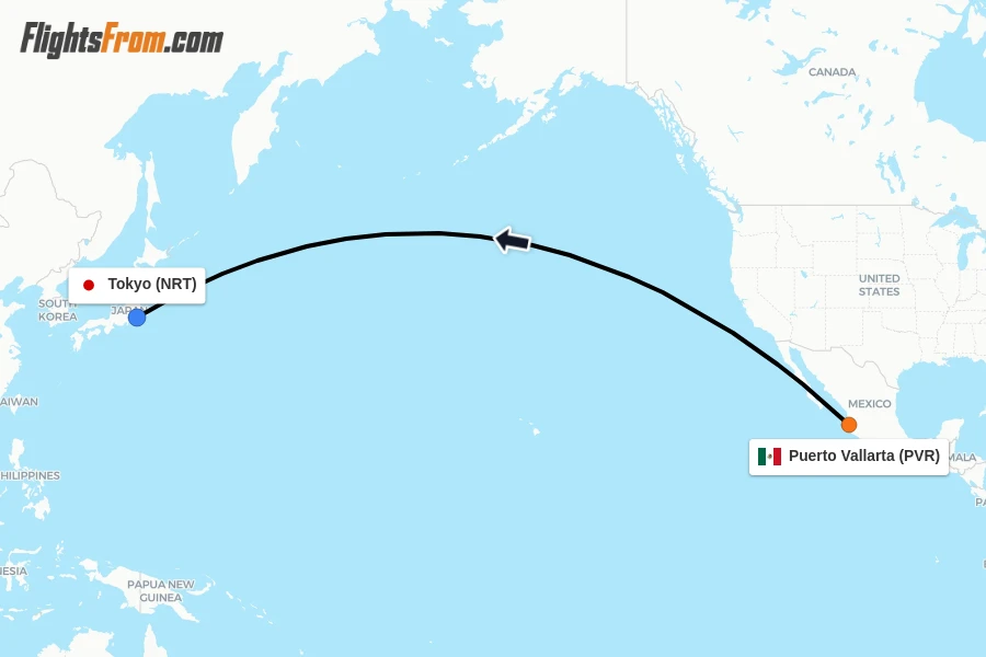 Flights from Puerto Vallarta to Tokyo route map