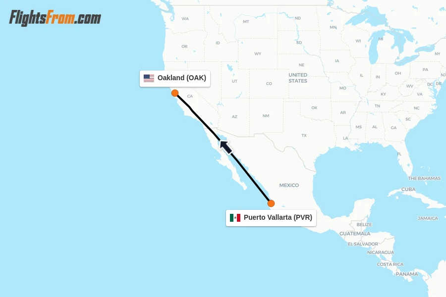 Flights from Puerto Vallarta to Oakland route map