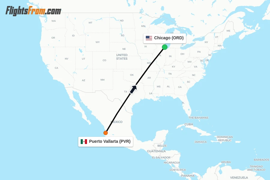Flights from Puerto Vallarta to Chicago route map