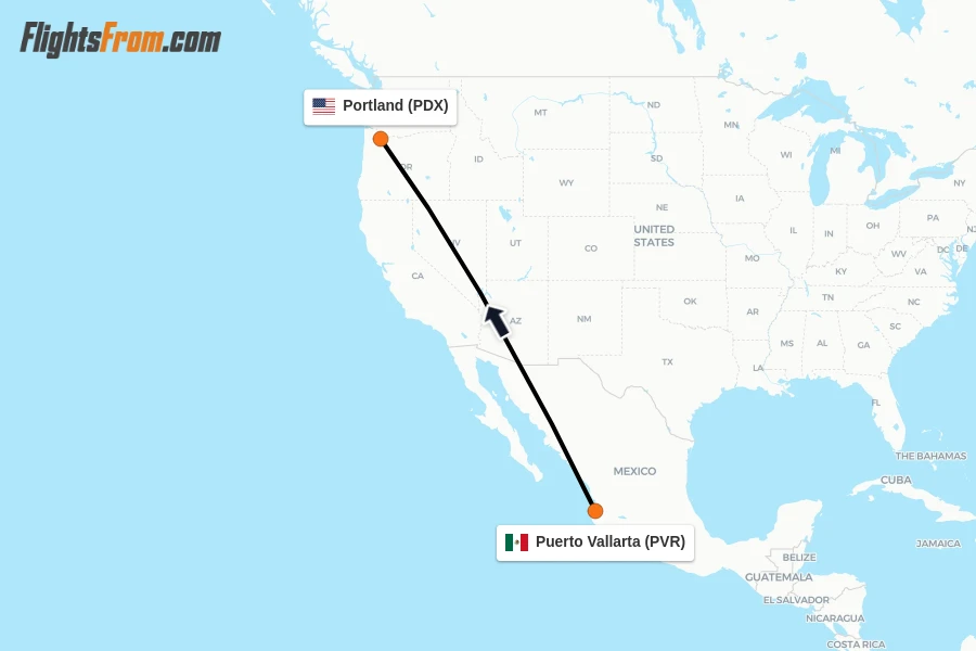Flights from Puerto Vallarta to Portland route map