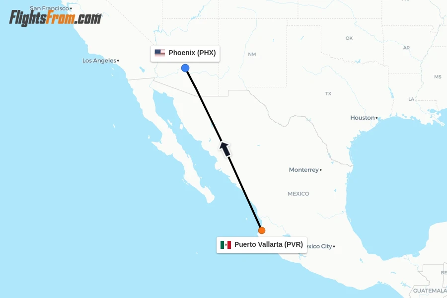 Flights from Puerto Vallarta to Phoenix route map