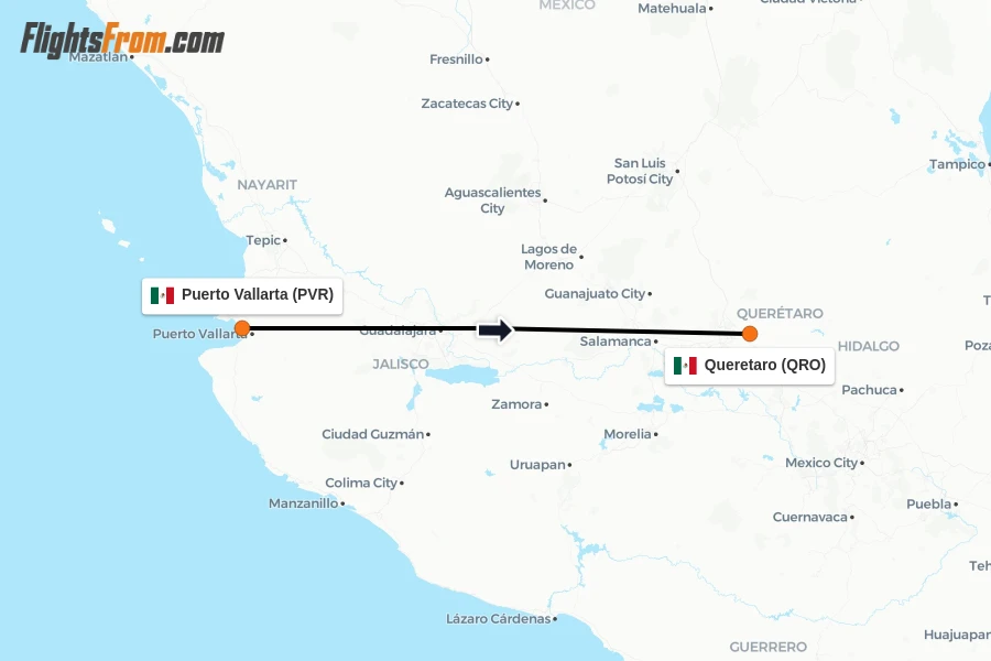 Flights from Puerto Vallarta to Queretaro route map