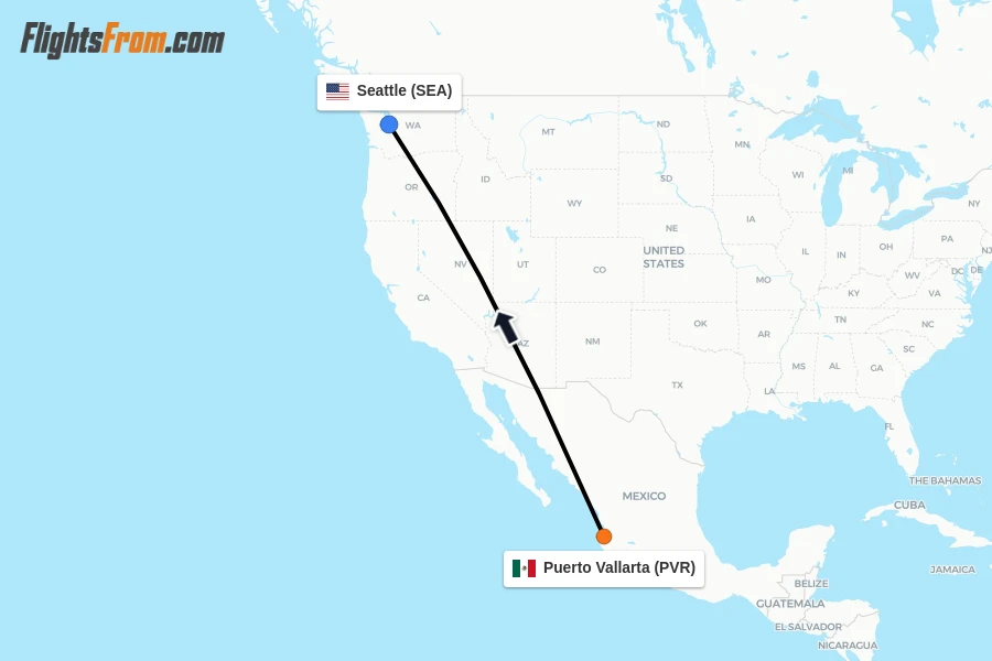 Flights from Puerto Vallarta to Seattle route map