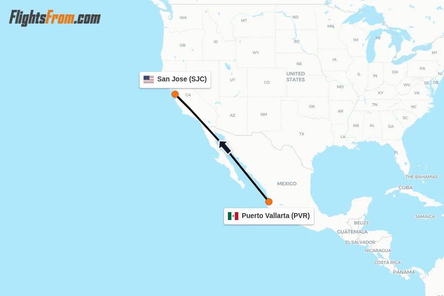 Flights from Puerto Vallarta to San Jose route map