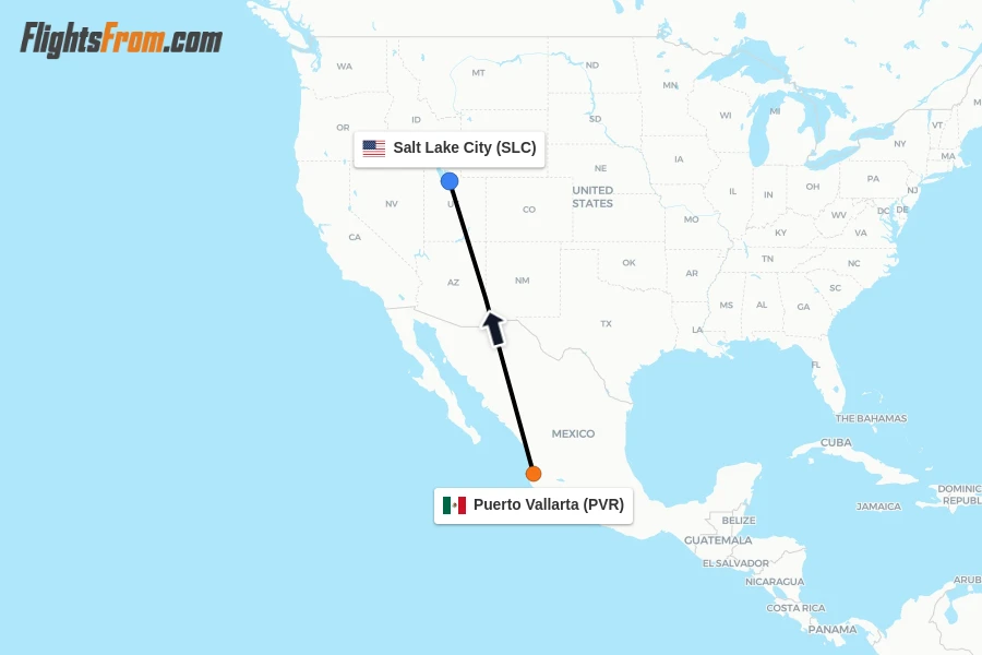 Flights from Puerto Vallarta to Salt Lake City route map