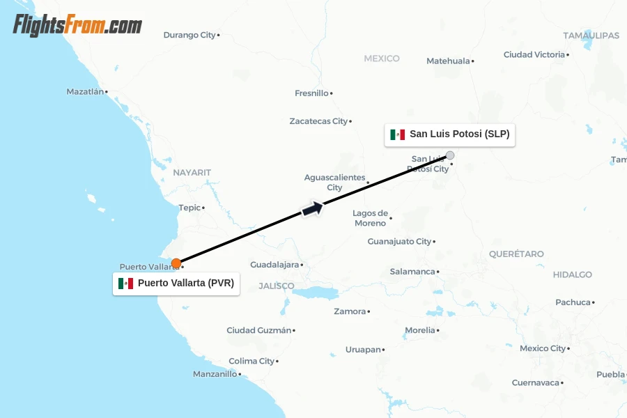 Flights from Puerto Vallarta to San Luis Potosi route map