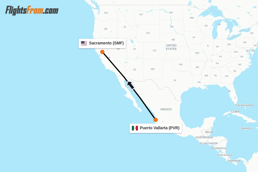 Flights from Puerto Vallarta to Sacramento route map