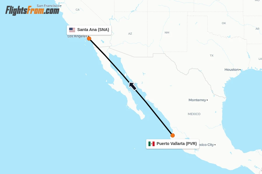 Flights from Puerto Vallarta to Santa Ana route map