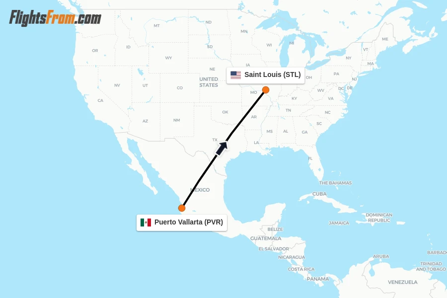 Flights from Puerto Vallarta to Saint Louis route map