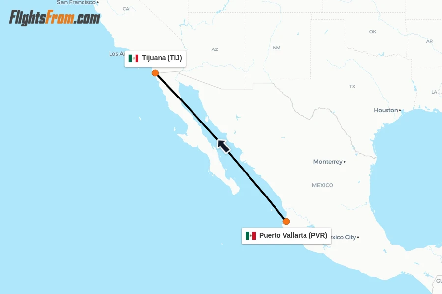 Flights from Puerto Vallarta to Tijuana route map