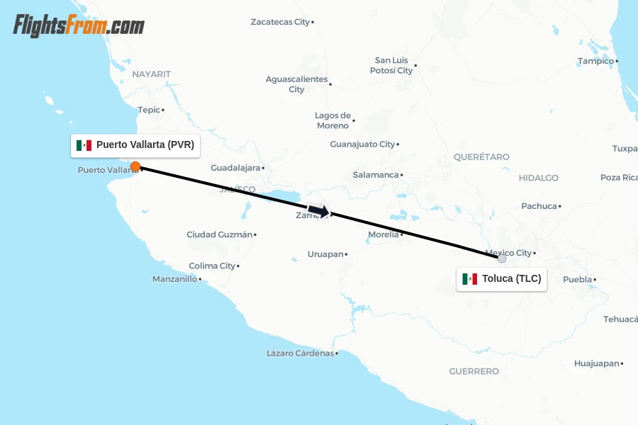 Flights from Puerto Vallarta to Toluca route map