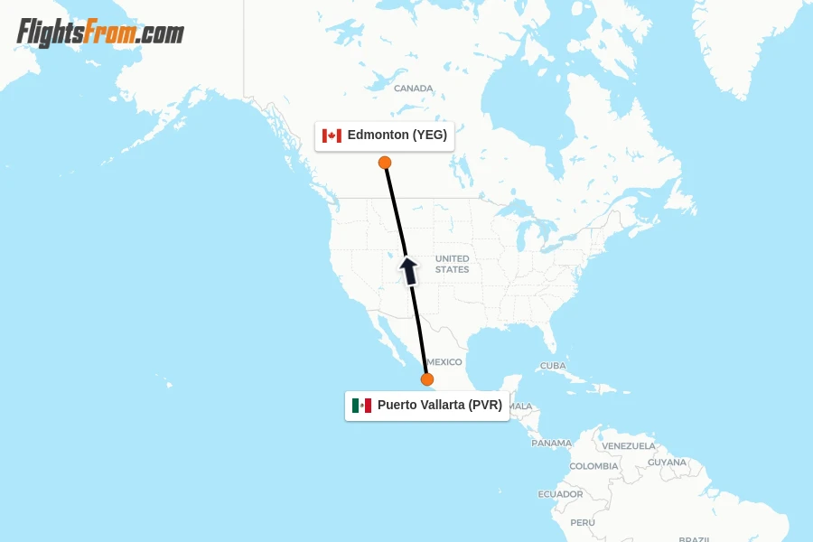 Flights from Puerto Vallarta to Edmonton route map