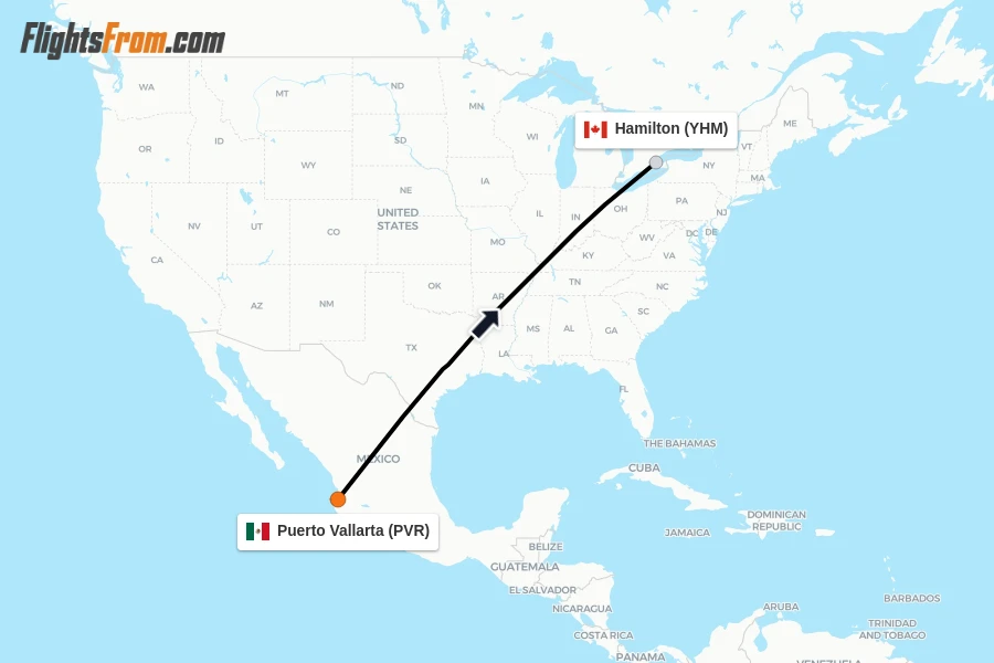 Flights from Puerto Vallarta to Hamilton route map