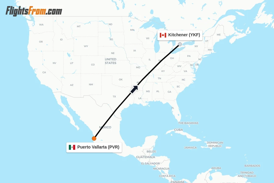 Flights from Puerto Vallarta to Kitchener route map