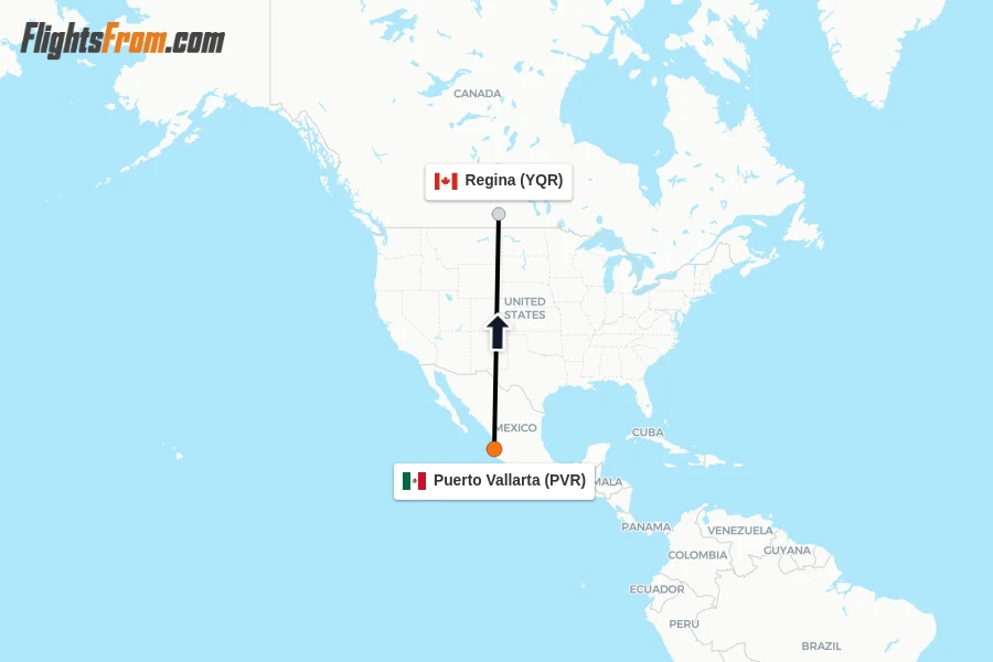 Flights from Puerto Vallarta to Regina route map