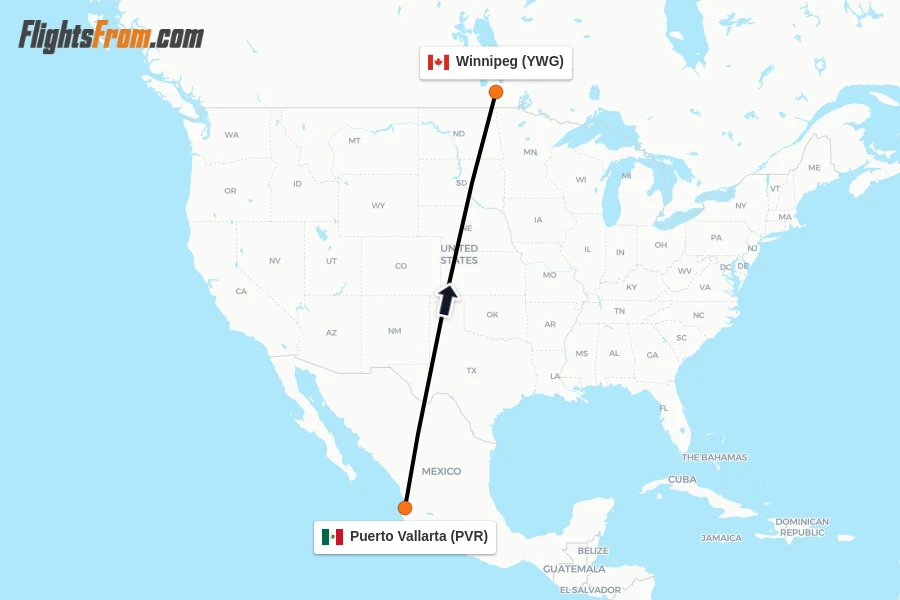 Flights from Puerto Vallarta to Winnipeg route map