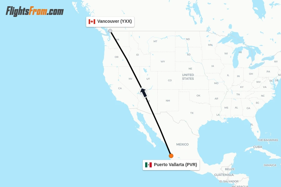 Flights from Puerto Vallarta to Vancouver route map