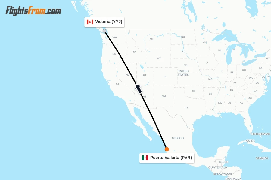 Flights from Puerto Vallarta to Victoria route map