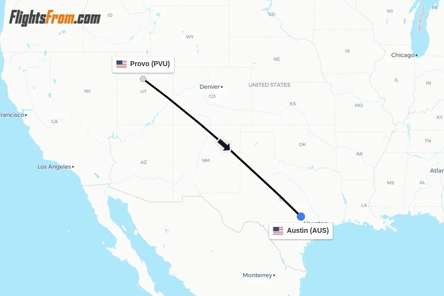 Flights from Provo to Austin route map