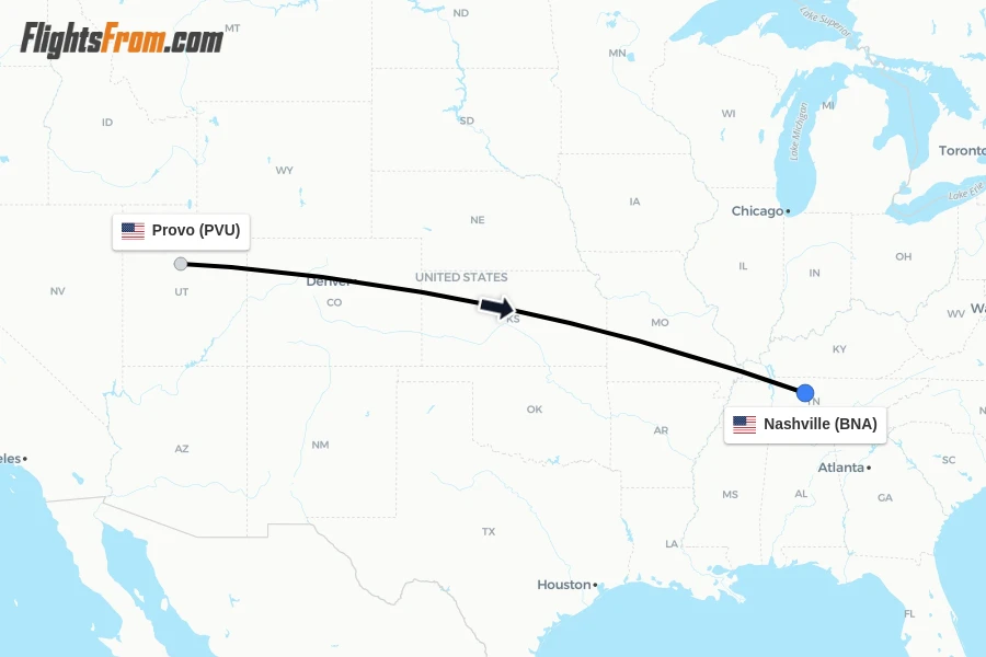 Flights from Provo to Nashville route map