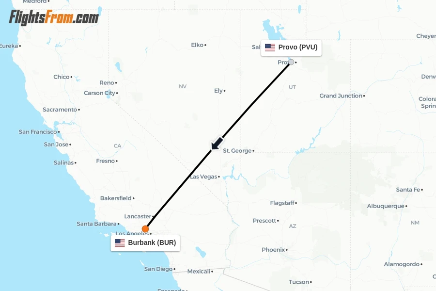 Flights from Provo to Burbank route map