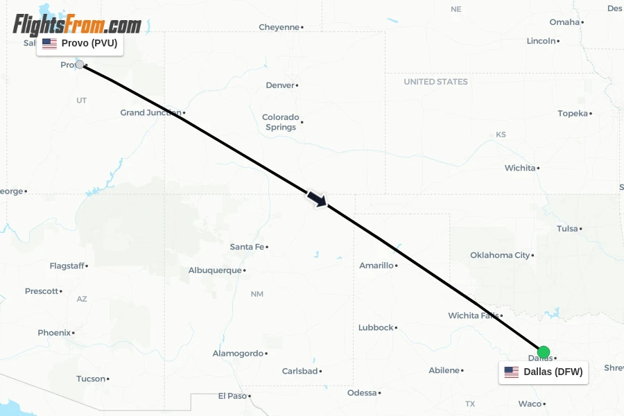 Flights from Provo to Dallas route map