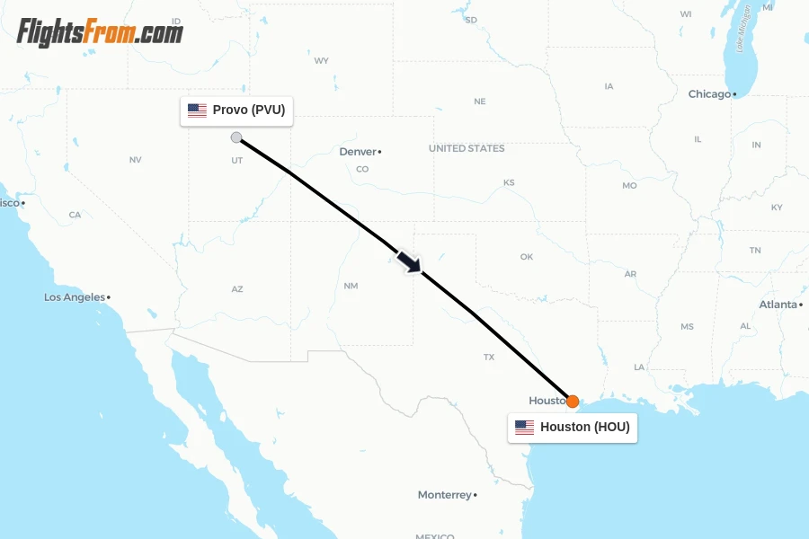 Flights from Provo to Houston route map