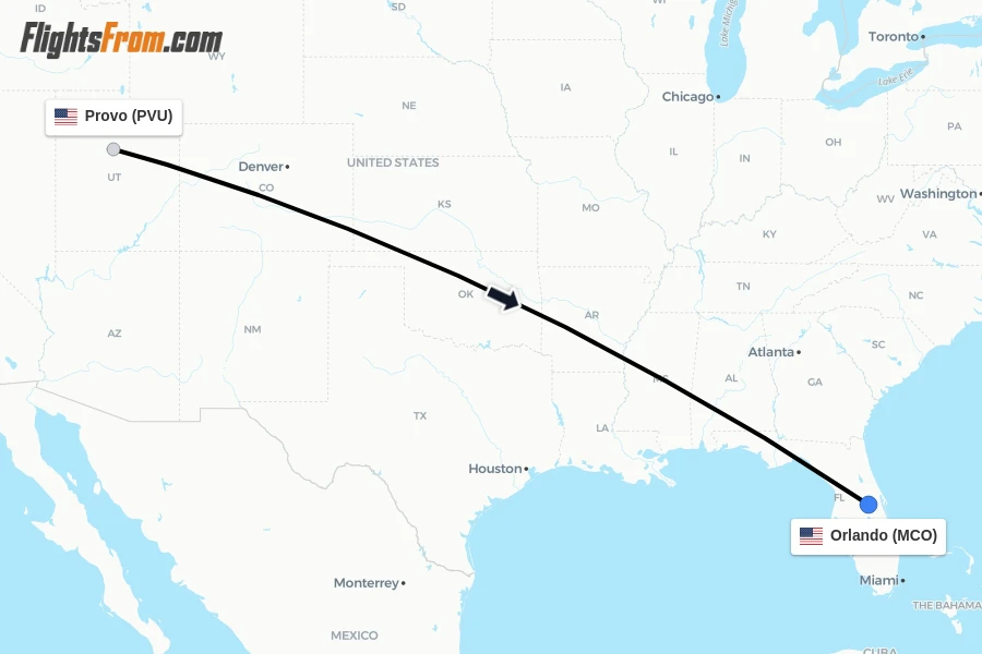 Flights from Provo to Orlando route map