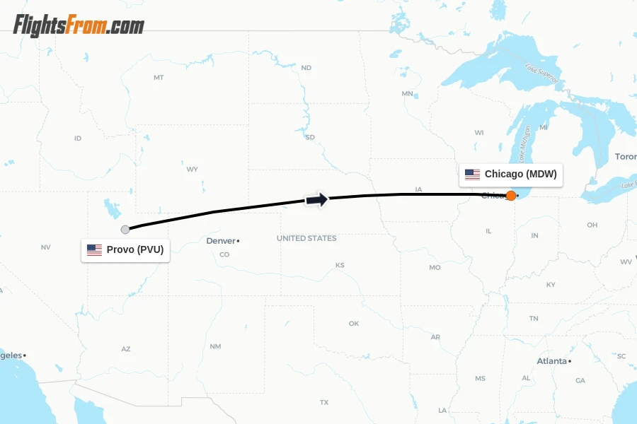 Flights from Provo to Chicago route map