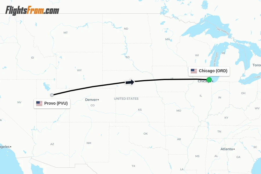 Flights from Provo to Chicago route map