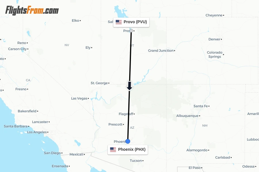 Flights from Provo to Phoenix route map