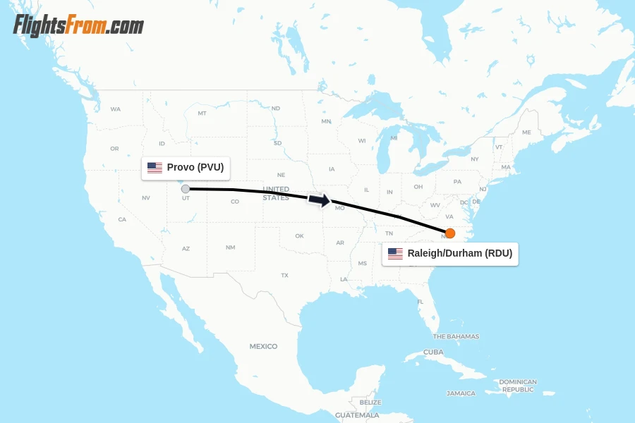 Flights from Provo to Raleigh/Durham route map