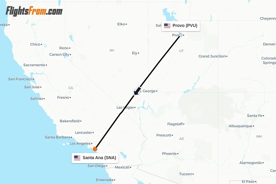 Flights from Provo to Santa Ana route map