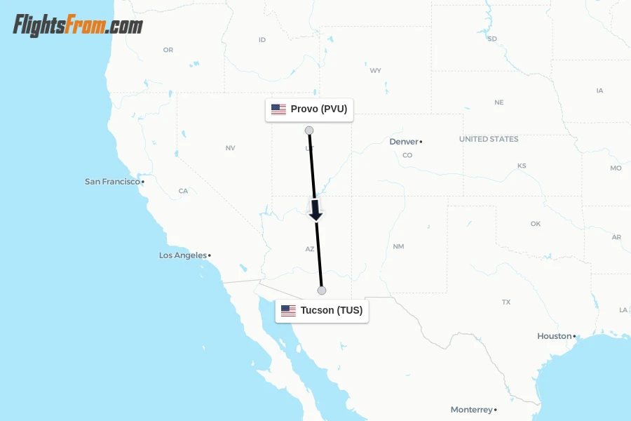 Flights from Provo to Tucson route map