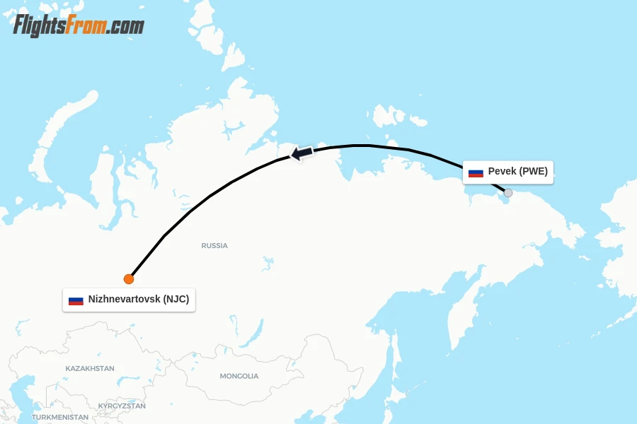 Flights from Pevek to Nizhnevartovsk route map
