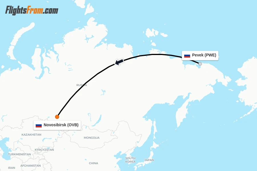 Flights from Pevek to Novosibirsk route map