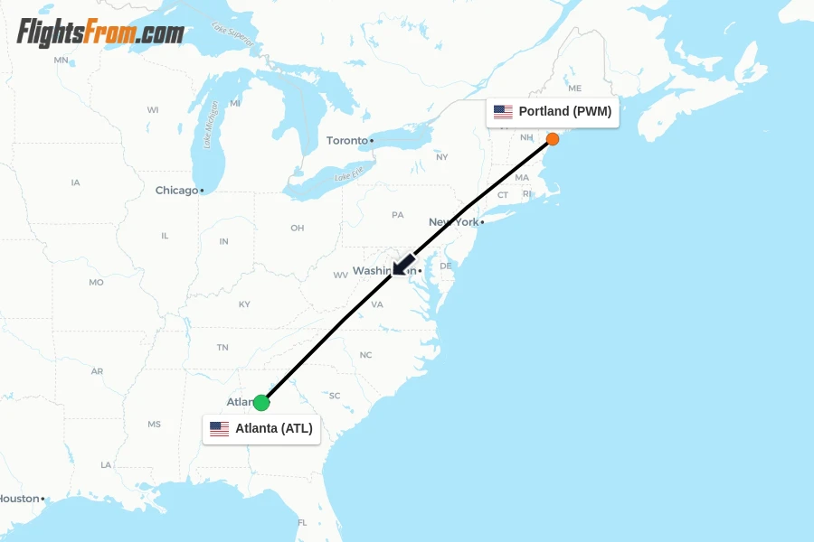 Flights from Portland to Atlanta route map