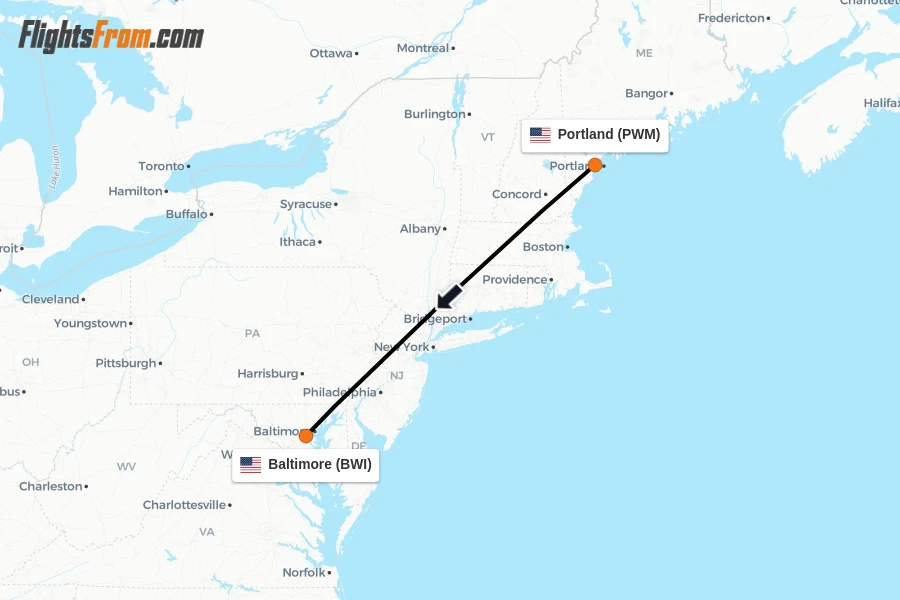 Flights from Portland to Baltimore route map