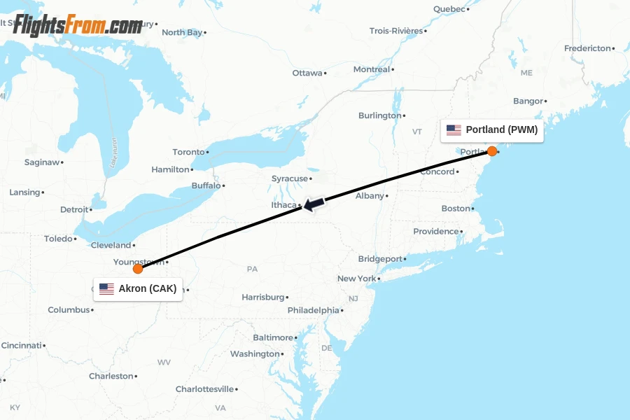 Flights from Portland to Akron route map