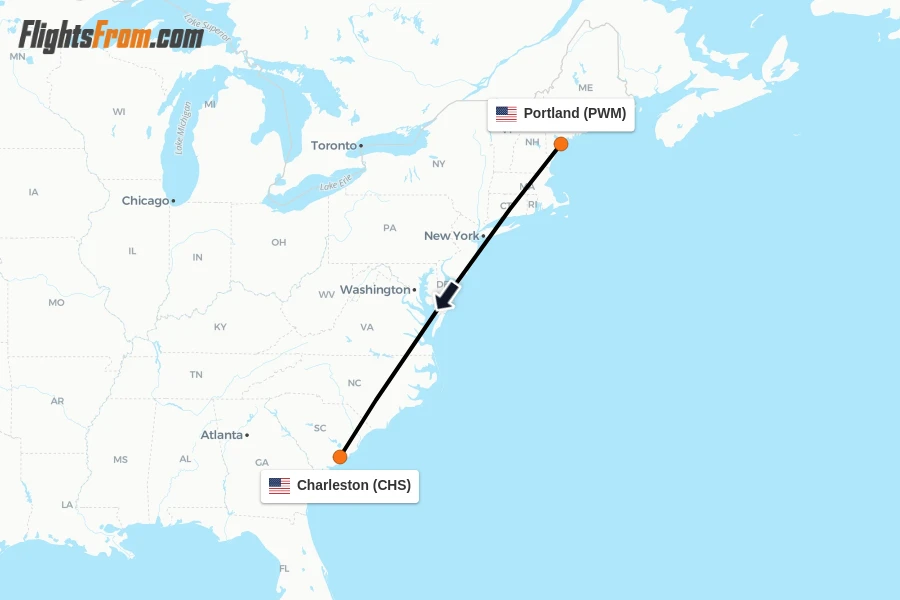 Flights from Portland to Charleston route map
