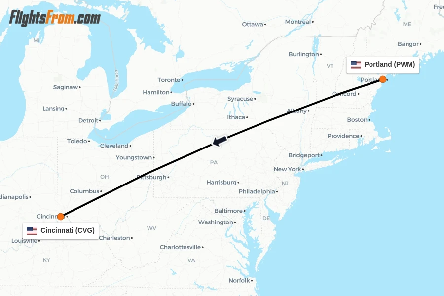 Flights from Portland to Cincinnati route map